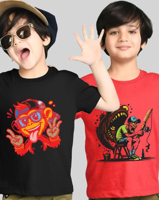 AUSK Boys Printed Cotton Blend Regular T Shirt(Black, Red, Pack of 2)