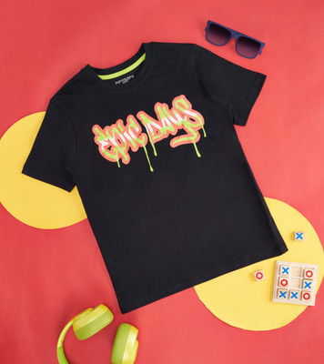 Pantaloons Junior Boys Printed Pure Cotton Regular T Shirt(Black, Pack of 1)