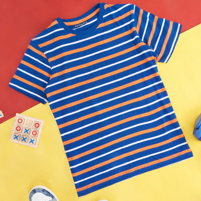 Pantaloons Junior Boys Striped Pure Cotton Regular T Shirt(Multicolor, Pack of 1)