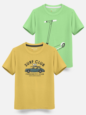 Hellcat Boys Printed Cotton Blend Regular T Shirt(Yellow, Green, Pack of 2)