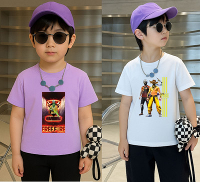 Lecowar Boys Printed Polyester Regular T Shirt(Purple, White, Pack of 2)