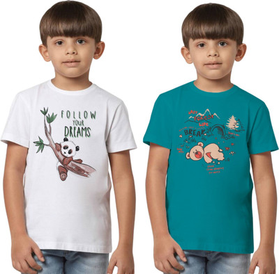Texman Boys Printed Pure Cotton Regular T Shirt(Multicolor, Pack of 2)