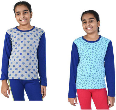 KAVYA Girls Printed Pure Cotton Regular T Shirt(Multicolor, Pack of 2)