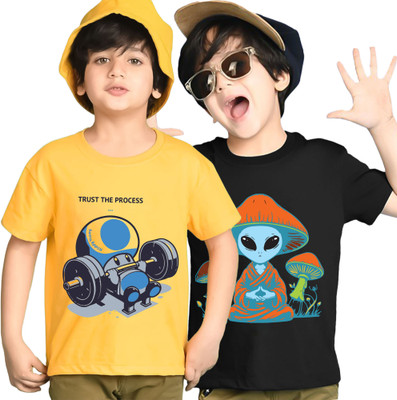 Kiddy Viddy Boys Printed Cotton Blend Regular T Shirt(Yellow, Black, Pack of 2)