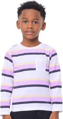 Nuego Boys Striped Pure Cotton Regular T Shirt(White, Pack of 1)