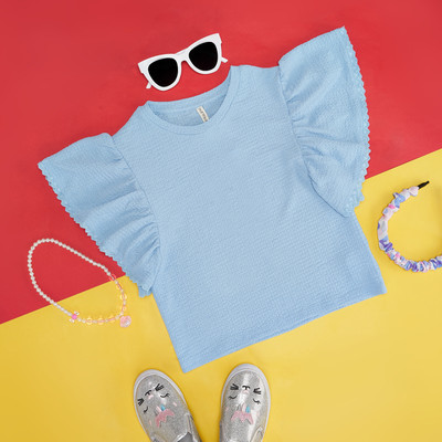 Pantaloons Junior Girls Solid Polyester Regular T Shirt(Blue, Pack of 1)