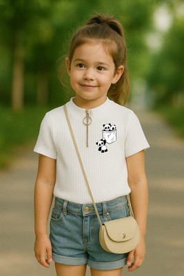 Rory Girls Graphic Print Cotton Blend Regular T Shirt(White, Pack of 1)