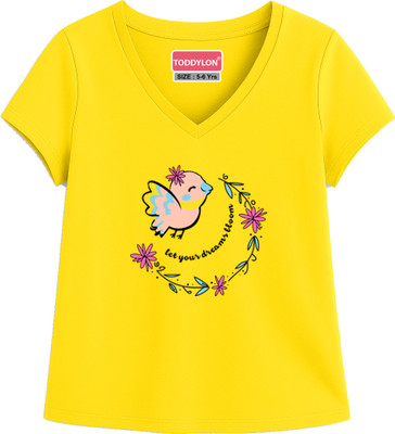 Toddylon Girls Printed Pure Cotton Regular T Shirt(Multicolor, Pack of 1)