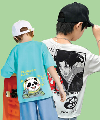 GRAND MALBORK Boys Printed Pure Cotton Oversized T Shirt(Multicolor, Pack of 2)