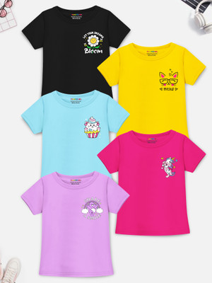 Trampoline Girls Graphic Print Cotton Blend Regular T Shirt(Multicolor, Pack of 5)