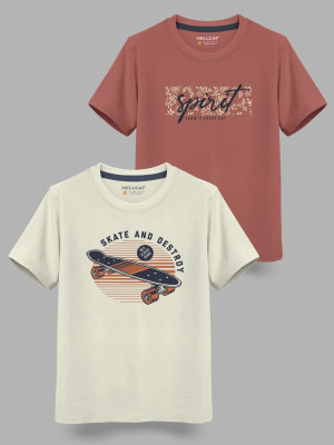 Hellcat Boys Printed Cotton Blend Regular T Shirt(Beige, Pack of 2)
