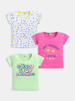Here&Now X Game Begins Baby Girls Printed Cotton Blend Regular T Shirt(Pink, Pack of 1)