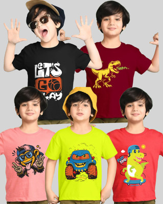 AUSK Boys Printed Cotton Blend Regular T Shirt(Black, Maroon, Pack of 5)