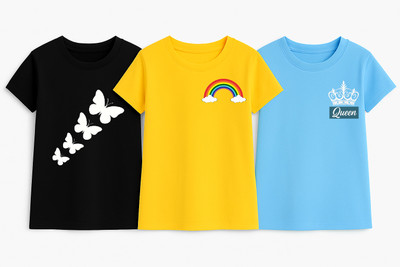M Queen Girls Printed Cotton Blend Regular T Shirt(Multicolor, Pack of 3)