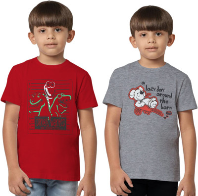 Texman Boys Printed Pure Cotton Regular T Shirt(Multicolor, Pack of 2)