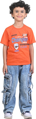 Hubkick Boys Printed Cotton Blend Regular T Shirt(Orange, Pack of 1)