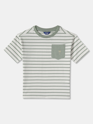 R&B Boys Striped Pure Cotton Regular T Shirt(White, Pack of 1)