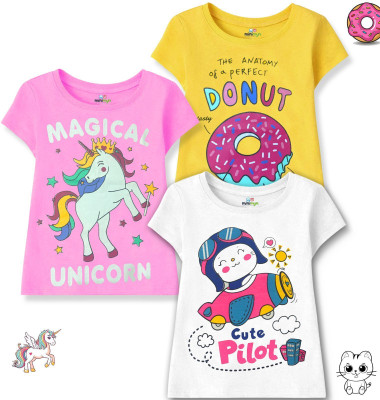 MINI MYN Girls Printed Cotton Blend Regular T Shirt(Multicolor, Pack of 3)