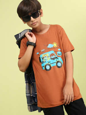 Yk Boys Printed Cotton Blend Regular T Shirt(Orange, Pack of 1)