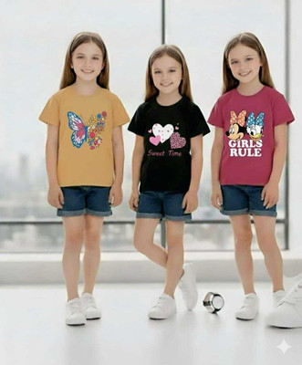 jpf Girls Printed Cotton Blend Regular T Shirt(Multicolor, Pack of 3)