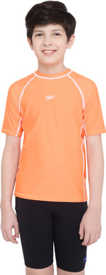 SPEEDO Boys Solid Polyester Regular T Shirt(Orange, Pack of 1)