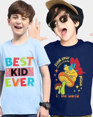 AUSK Boys Printed Cotton Blend Regular T Shirt(Blue, Light Blue, Pack of 2)