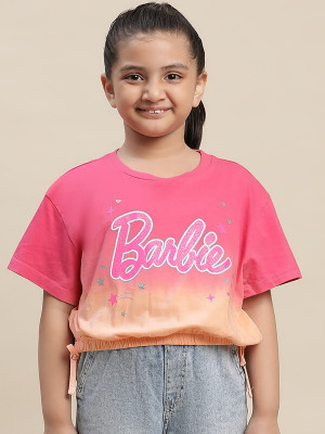 kidsville Girls Printed Pure Cotton Regular T Shirt(Multicolor, Pack of 1)