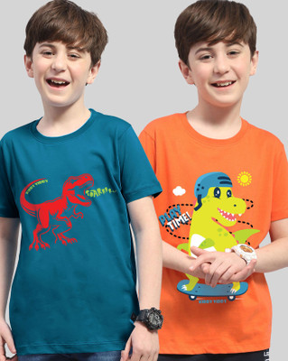 ENITOR Boys Printed Cotton Blend Regular T Shirt(Orange, Dark Blue, Pack of 2)