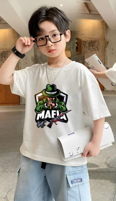 Kintu Parantu Boys Printed Polyester Regular T Shirt(White, Pack of 1)