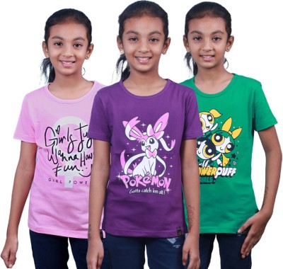 SHANARK Girls Printed Pure Cotton T Shirt(Multicolor, Pack of 3)