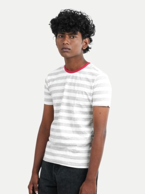 radprix Boys Striped Pure Cotton T Shirt(Grey, Pack of 1)