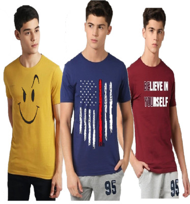 Gkidz Boys Printed Cotton Blend Regular T Shirt(Multicolor, Pack of 3)