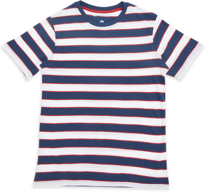 Pantaloons Junior Boys Striped Pure Cotton Regular T Shirt(Dark Blue, Pack of 1)