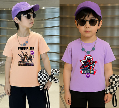 Lecowar Boys Printed Polyester Regular T Shirt(Pink, Purple, Pack of 1)
