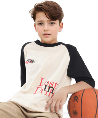 Rare Ones Boys Printed, Colorblock Cotton Blend Oversized T Shirt(Beige, Pack of 1)