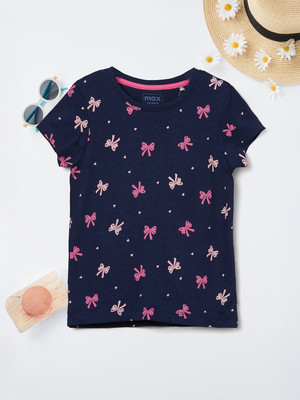 MAX Girls Printed Pure Cotton Regular T Shirt(Blue, Pack of 1)