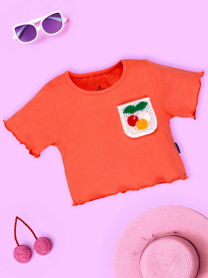 Kiddo Paanti Girls Self Design Pure Cotton Regular T Shirt(Orange, Pack of 1)