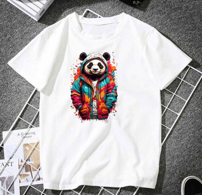 KPPRINT Boys & Girls Printed Cotton Blend Regular T Shirt(White, Pack of 1)