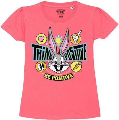 WEAR YOUR MIND Girls Graphic Print Pure Cotton Regular T Shirt(Pink, Pack of 1)