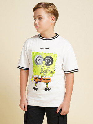 Jack & Jones Junior Boys Graphic Print Cotton Blend Regular T Shirt(White, Pack of 1)
