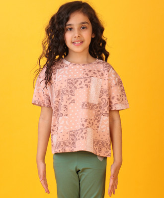 anthrilo Baby Girls Printed Cotton Blend Regular T Shirt(Pink, Pack of 1)