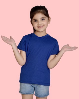 Nusyl Girls Solid Cotton Blend T Shirt(Blue, Pack of 1)