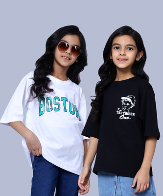NICK AND JONES Girls Printed Pure Cotton Oversized T Shirt(Multicolor, Pack of 2)