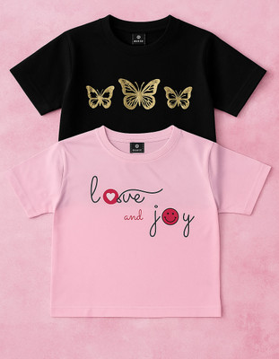 Prinsoo Girls Graphic Print Cotton Blend Regular T Shirt(Pink, Pack of 2)