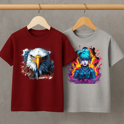 Kidloo Boys Printed Pure Cotton Regular T Shirt(Maroon, Pack of 2)