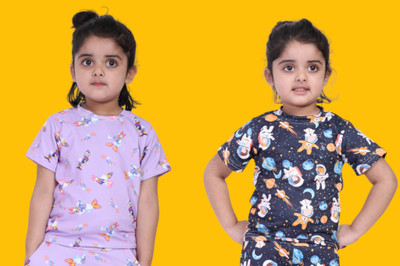 TINY TOON Girls Printed Polyester Regular T Shirt(Multicolor, Pack of 2)