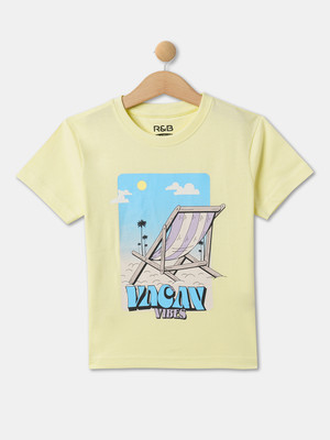 R&B Boys Graphic Print Cotton Blend Regular T Shirt(Yellow, Pack of 1)