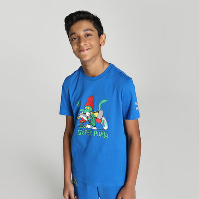 PUMA Boys Graphic Print Cotton Blend Regular T Shirt(Blue, Pack of 1)