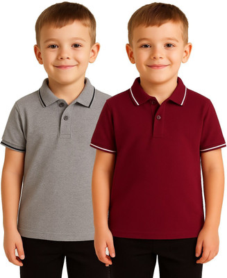 fasla Boys Solid Cotton Blend Regular T Shirt(Grey, Maroon, Pack of 2)