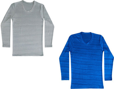 KAVYA Boys Striped Polyester Regular T Shirt(Blue, Pack of 2)